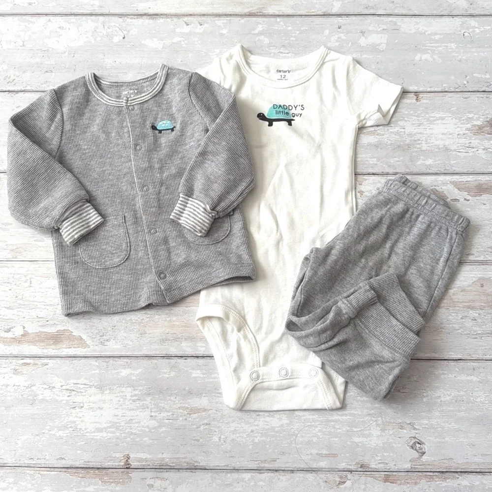 Carters 12m Baby Boy Turtle Outfit 3 Piece Set Pants Onesie Sweater Cardigan